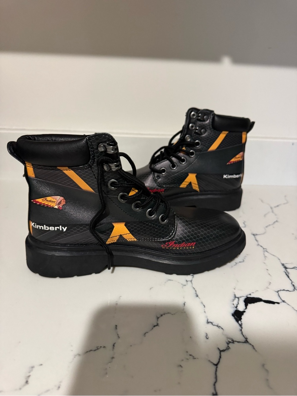 Indian Motorcycle Black and Yellow Lace-Up Moto Boots Size 7